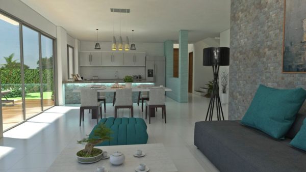 Render interior sala, comedor y cocina, Diseño casa campestre laguna celeste