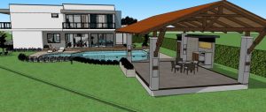 Imagen vista kiosco y piscina, Diseño casa campestre laguna celeste