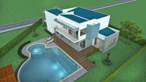 Render vista aérea fachada posterior piscina, Diseño casa campestre laguna celeste
