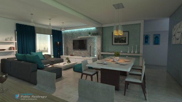 Render interior comedor, sala y cocina 2, Diseño casa campestre villa celeste