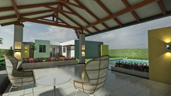 Render exterior kiosco o caney - zona social 2, Diseño casa campestre villa celeste