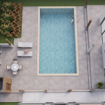 Diseño casa de campo la colina Render perspectiva aérea piscina, Diseño casa de campo la colina