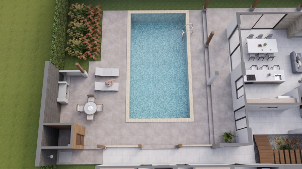 Render perspectiva aérea piscina, Diseño casa de campo la colina