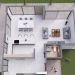 Diseño casa de campo la colina Render planta primer piso sala, comedor y cocina, Diseño casa de campo la colina