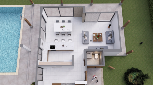 Render planta primer piso sala, comedor y cocina, Diseño casa de campo la colina