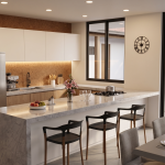 Diseño casa de campo la colina Render interior comedor y cocina, Diseño casa de campo la colina