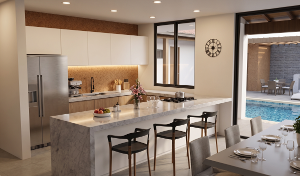 Render interior comedor y cocina, Diseño casa de campo la colina