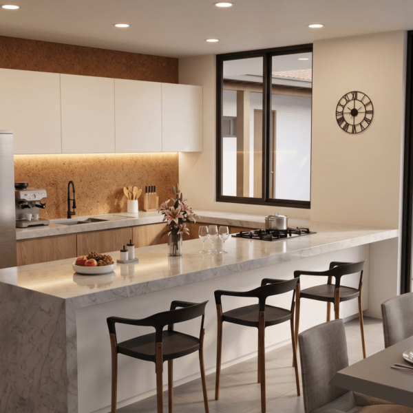 Render interior comedor y cocina, Diseño casa de campo la colina