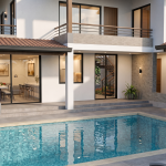 Diseño casa de campo la colina Render exterior piscina, Diseño casa de campo la colina