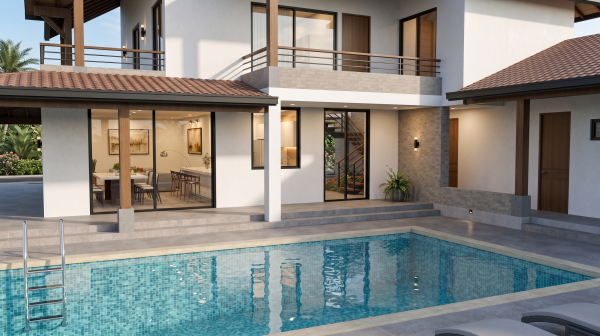 Render exterior piscina, Diseño casa de campo la colina