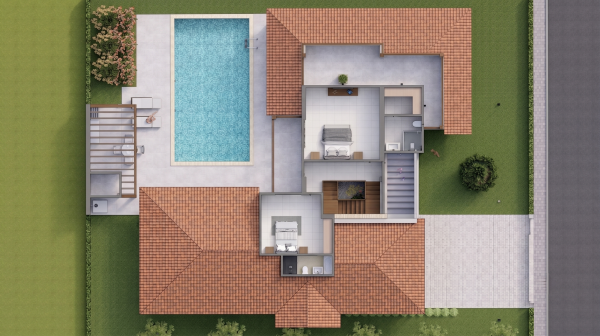 Render planta exterior con segundo piso, Diseño casa campestre el alero colonial