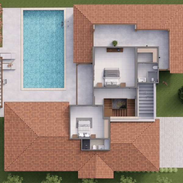 Render planta exterior con segundo piso, Diseño casa campestre el alero colonial
