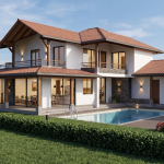 Diseño casa de campo la colina Render exterior piscina, Diseño casa de campo la colina