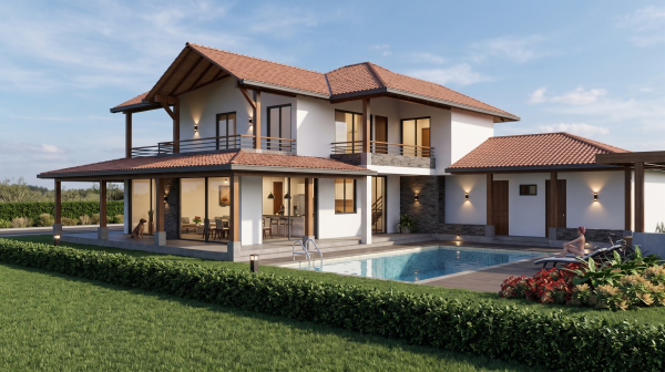 Render exterior piscina, Diseño casa de campo la colina
