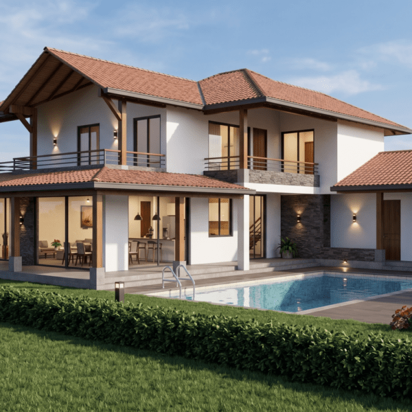 Render exterior piscina, Diseño casa de campo la colina