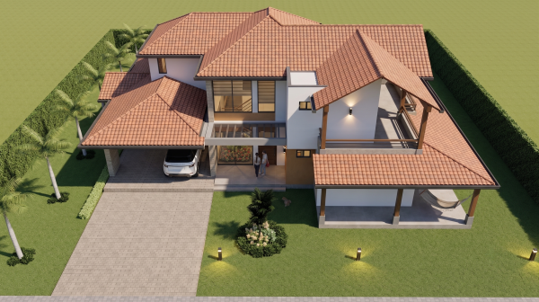 Render fachada aérea, Diseño casa de campo la colina