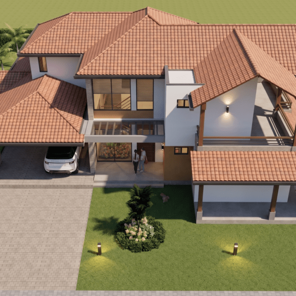 Render fachada aérea, Diseño casa de campo la colina