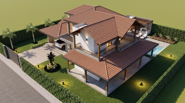 Render perspectiva aérea 1, Diseño casa de campo la colina