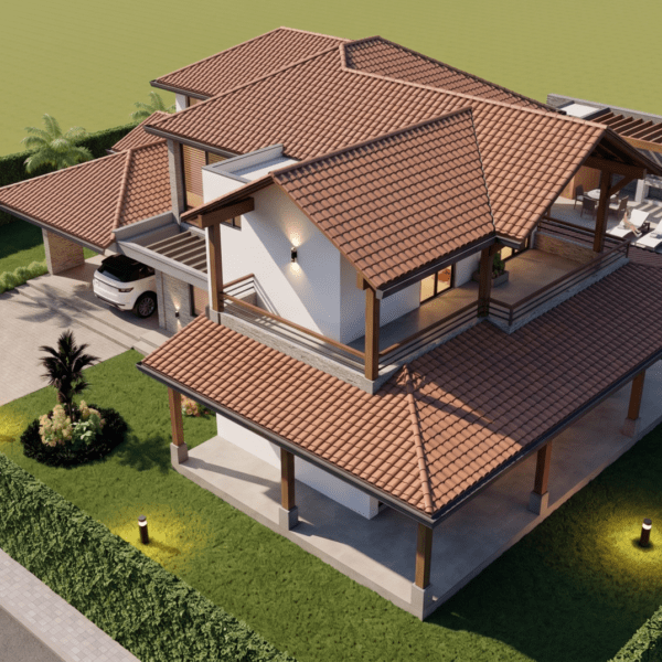 Render perspectiva aérea 1, Diseño casa de campo la colina