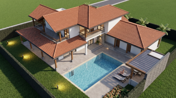 Render perspectiva aérea 2, Diseño casa de campo la colina