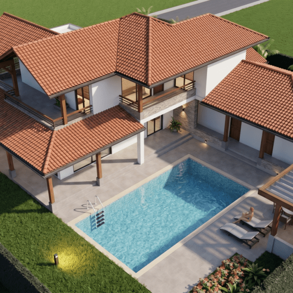 Render perspectiva aérea 2, Diseño casa de campo la colina