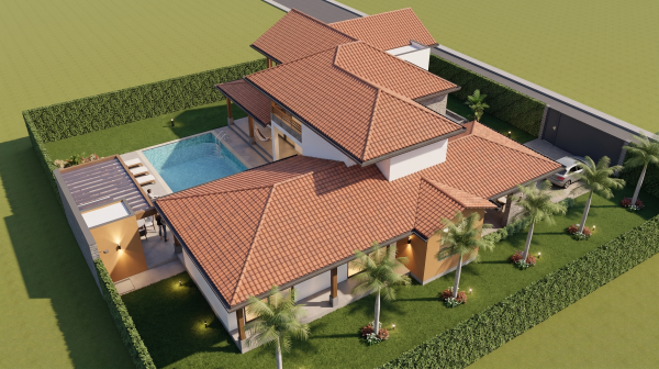 Render perspectiva aérea 3, Diseño casa de campo la colina