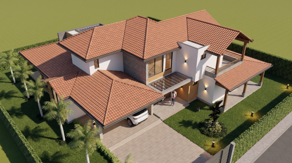 Render perspectiva aérea 4, Diseño casa de campo la colina