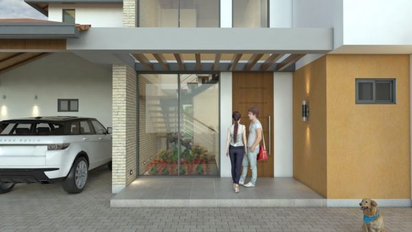 Render fachada principal entrada, Diseño casa de campo la colina