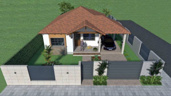 Render aéreo fachada principal día, Diseño casa campestre el edén