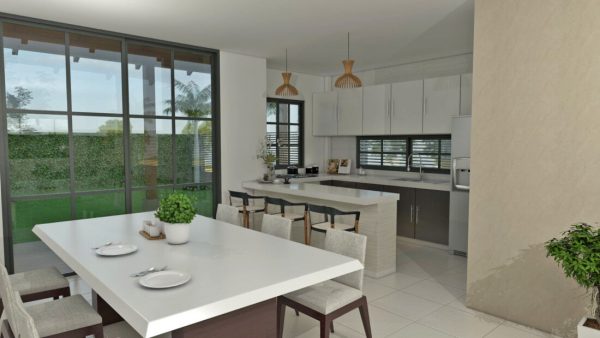 Render interior comedor - cocina, Diseño casa campestre el edén