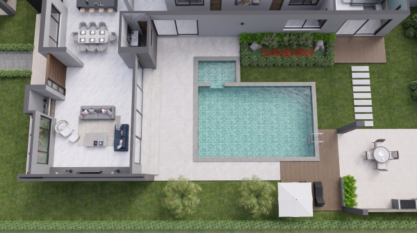 Render planta piscina, Diseño casa campestre valle verde