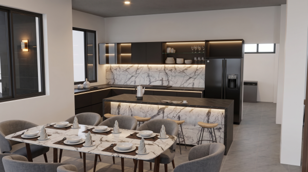 Render interior sala y cocina, Diseño casa campestre valle verde