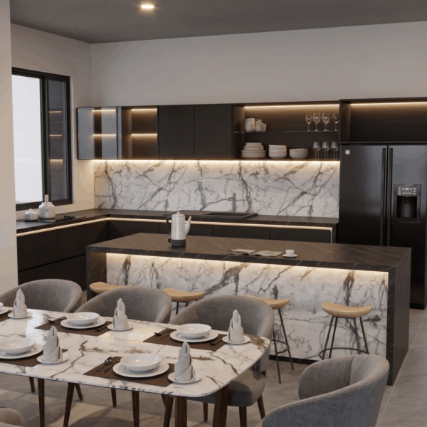 Render interior sala y cocina, Diseño casa campestre valle verde