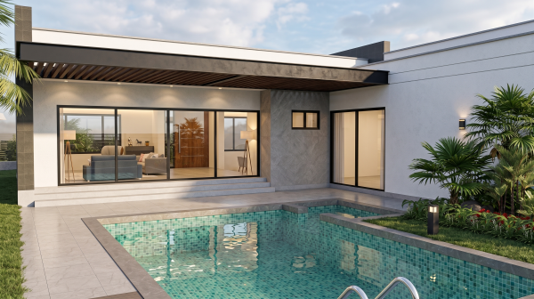 Render exterior piscina, Diseño casa campestre valle verde
