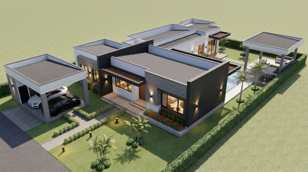 Render perspectiva aérea 2, Diseño casa campestre valle verde