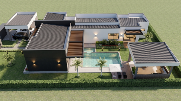 Render perspectiva aérea 3, Diseño casa campestre valle verde