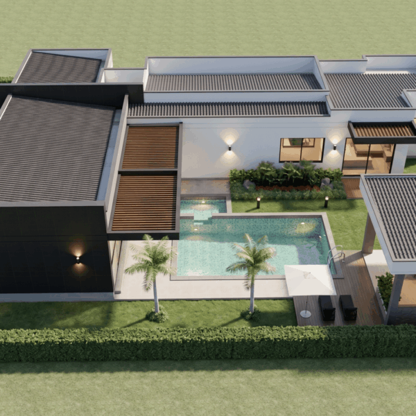 Render perspectiva aérea 3, Diseño casa campestre valle verde
