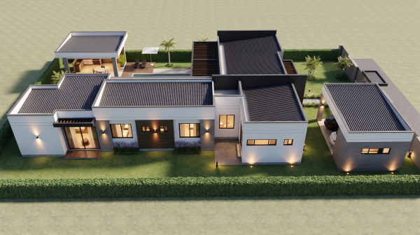 Render perspectiva aérea frontal, Diseño casa campestre valle verde