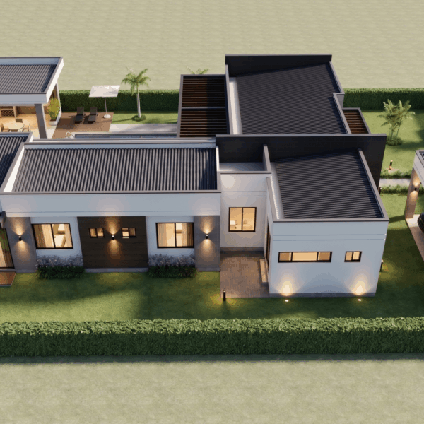 Render perspectiva aérea frontal, Diseño casa campestre valle verde