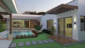 Render exterior fachada posterior piscina 1, Diseño casa campestre valle verde
