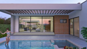 Render exterior fachada posterior piscina 2, Diseño casa campestre valle verde