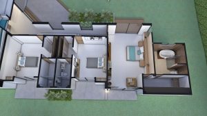 Render aéreo interior habitaciones, Diseño casa campestre terranova