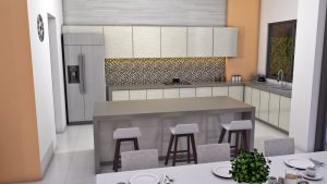 Render interior comedor y cocina, Diseño casa campestre terranova