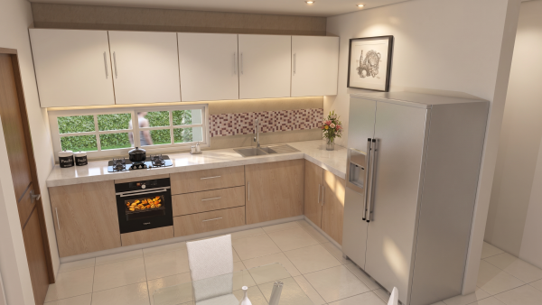 Render interior cocina, diseño casa campestre las palmas