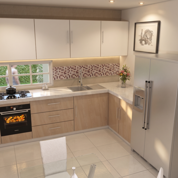 Render interior cocina, diseño casa campestre las palmas