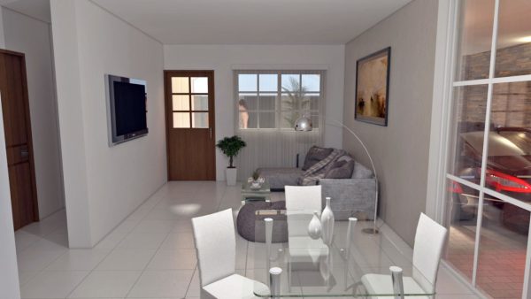 Render interior comedor - sala, diseño casa campestre las palmas