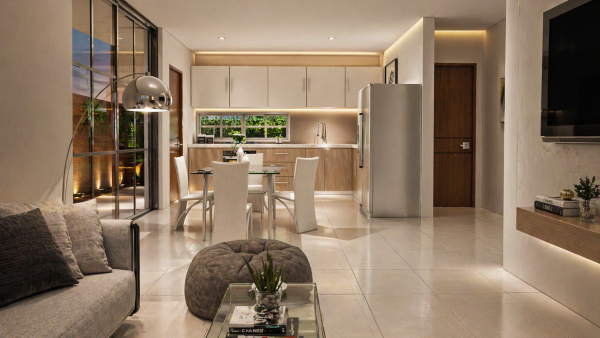 Render interior comedor - sala, diseño casa campestre las palmas