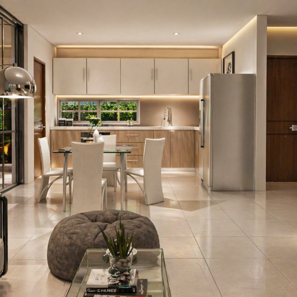 Render interior comedor - sala, diseño casa campestre las palmas