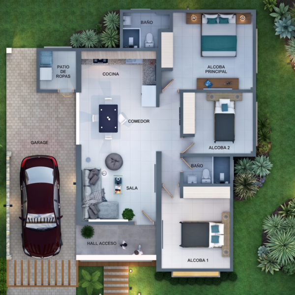 Render planta arquitectónica, diseño casa campestre las palmas
