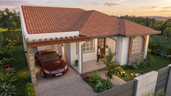 Render aéreo fachada principal 2, diseño casa campestre las palmas